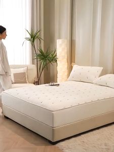 Soybean Fiber Cotton Fitted Sheet Solid Color Embroidery High Grade Bed Cover Mattress Protector Single/Queen/King