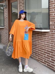 Extra Large Size plus Size Womens Slimming Dress Loose Summer Short Sleeve Cotton Long Dress Fashionable Casual round Neck