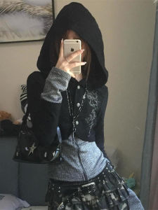 Retro American Knitted Splice Long Sleeve Hoodie Womens Slim Fit Y2K Millennium Style Punk Top Streetwear Spring 2025