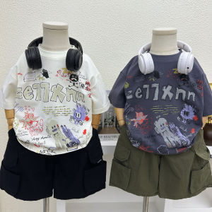 Boys Summer Short Sleeve T-Shirt Pure Cotton Thin Cartoon Print Breathable Cool Loose Fit Childrens Top Boys Summer Wear