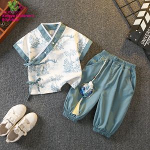 Lightweight Summer Hanfu Childrens Costume Boys Tang Suit National Style Performance Outfit Traditional Classical Print Cotton Blend