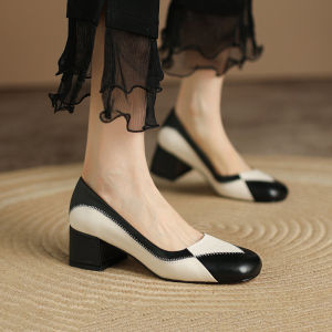 รองเท้าส้นกลาง Mary Janes หนังแท้สำหรับผู้หญิง ทรงหัวมน สไตล์เกาหลี รองเท้าหนังขนาดเล็กสำหรับใส่ไปทำงาน ฤดูใบไม้ผลิและฤดูร้อน 2024