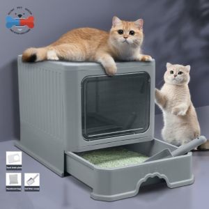 Foldable Cat Litter Box with Lid Extra Large Litter Box with Cat Litter Scoop Drawer Type Cat Litter Pan Easy to Scoop & Low Tracking