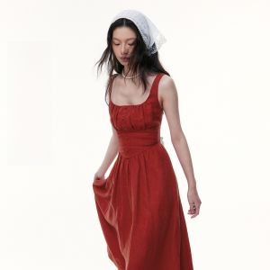 TAMMY TANGS | Sugar Power Sweet Heart Girl Linen Red Dress High Waist Belted Summer New Style Zipper Closure Slim Fit Urban Commute Dress