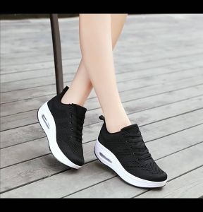Fashion Wedge Shoes Women Breathable Black Rubber Shoes for Lady Lace-up Sneakers Platform Shoes