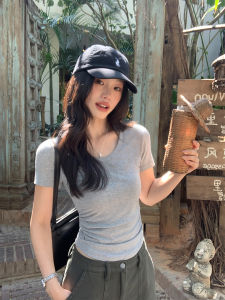 Pusumede Basic Short Sleeve U-Neck Knitted T-Shirt Womens Slim Fit Versatile Short Style Cotton Streetwear Summer Top