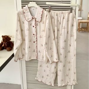 Bộ Đồ Ngủ Cotton Nguyên Chất Thoáng Khí Tay Dài Quần Dài Mùa Thu Phong Cách Ngọt Ngào Hai Lớp Vải Mặc Nhà Thoải Mái