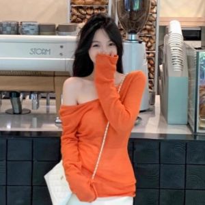 VKSOD | Korean Style Long Sleeve Knitted Sweater Women Fashionable Slant Shoulder Slim Fit Design Sensation Autumn New Arrival Top