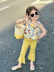 【COD&Local】Toddler Girl Summer Outfit Floral Leaf Print Sleeveless Tank Tops with Solid Color Flare Pants 2 Pcs Outfit