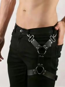 Men Punk Gothic Black PU Leather Waist‑Thigh Body Harness Adjustable Straps Decor Accessory for Rave Festival Halloween Club