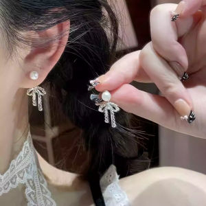 Elegant Pearl Drop Earrings Womens Fashionable Lace Trim Butterfly Knot Post Hanging Delicate Ear Jewelry Accessory