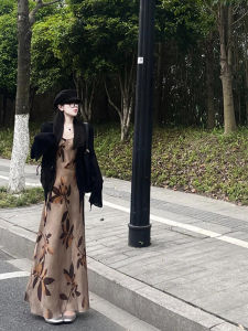 New Chinese Style Summer Floral Print Maxi Dress Womens Strapless Two-Piece Set Versatile Open Cardigan Matching Skirt