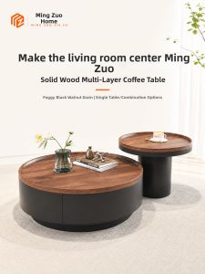 MINGZUO | Retro Style Round Solid Wood Coffee Table for Small Spaces