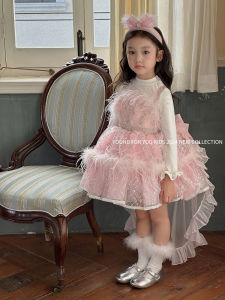 Váy Công Chúa Lấp Lánh Ren Thắt Nút Bướm Váy Bồng Lông Vũ Cho Bé Gái Mùa Thu Đông Sinh Nhật Váy Công Chúa Phong Cách Ngọt Ngào