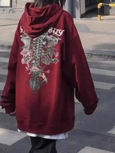 Retro American Skull Print Fleece Hoodie Womens Loose Streetwear Couples Sweatshirt Spring Fashion Long Sleeve Hoodie