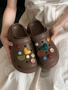 Retro Heart Button Hole Shoes Outdoor Anti-Slip Fashion Thick Bottom Summer EVA Latte Color Sandals Women Hollow out Casual Slip-On Flat Heels
