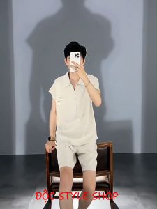 Áo thun áo thun nam tay cộc form rộng mặc thoải mái thích hợp mùa hè với túi trước ngực và khóa kéo ở cổ - H77