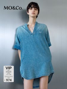 MO&Co. | Cotton Tencel Denim Dress Small Stand-Up Collar V-Neck Loose Fit