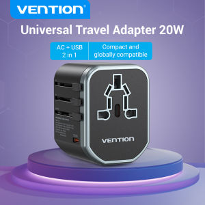 Vention 20W Global universal travel adapter Plug AC + USB 2 in 1 Fast Charging Power Wall Charger ตัวต่อ ปลั๊ก 3 ขา Type-C and Dual USB A Port ปลั๊กไฟต่างประเทศ for iPhone 16 15 Pro Laptop PD Charger AU US EU UK ปลั๊กแปลง universal Socket