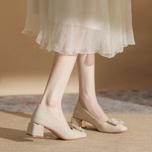 Giày Cao Gót Mũi Vuông Đế Dày Thời Trang Cho Nữ Giày Cưới Thanh Lịch Giày Đi Dự Tiệc Giày Đơn Đế Cao Gót Bằng Cao Su