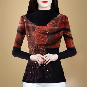 MAIMEI | Thickened Long Sleeve Printed Base Shirt Womens Fashion Mommy Style Mid-life Slim Fit 3D Print Underwear Korean Version T-shirt