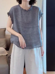 Shalldoer | Casual Style Short Sleeve Thin Shirt Womens Double Sided Wear Wooden Edge Design Summer Fashion Versatile Top Polo Collar Button Closure