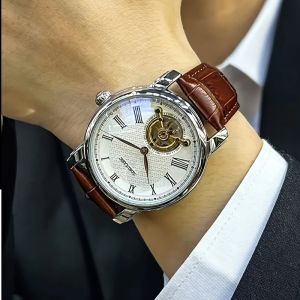 Luxury Mens Automatic Mechanical Watch - Stylish Skeleton Design Fashionable Business Casual Style Alloy Case and Leather Strap No Battery