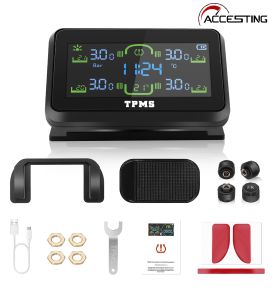 【With 4 External Sensors】 TPMS T14-1 Car Tyre Pressure Monitor Tire Pressure Monitoring System Temperature Warning Fuel Save Solar