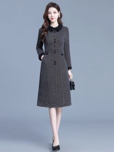 MAIMEI | Elegant Woolen Long Sleeve Dress Womens Autumn Winter Slimming High Waist A-Line Base Skirt For Older Women Maternity Wear