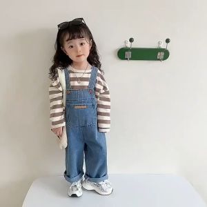 Denim Overalls for Kids Girls 2024 Korean Style Boys and Girls Jogging Jeans Loose Trousers Korean Style Jeans Pants for Kids Girls 4 To 12