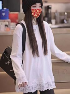 White Long Sleeve T-Shirt Womens Loose Mid-Length Lace Patchwork Top Breathable Comfortable Korean Style Commute Fashion