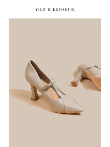 รองเท้าส้นสูงชี้นิ้วเท้าสายรัดยืดแมรี่เจนส์ ผู้หญิง รองเท้า 2024 ใหม่ สไตล์ฝรั่งเศส แฟชั่นรองเท้าเดี่ยวส้นบางย้อนยุค กระโปรง