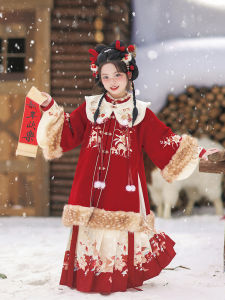 ชุดเด็กผู้หญิงฮันฟูฤดูหนาว เสื้อแขนยาวสีแดง ทรงยาว กระดุมข้างเดียว สไตล์จีนโบราณ เสื้อผ้าเด็ก