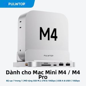 Giá Đỡ Máy Tính Mac Mini M4 PULWTOP Bằng Nhôm Tích Hợp Cổng USB C 3.2 Âm Thanh Micro Đầu Đọc Thẻ SD/TF Khe Cắm M.2 SSD Dành Cho M6 M5 Pro M4/M4 Pro