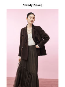 Fringe Feather Beaded Wool Blend Brown Womens Suit Jacket