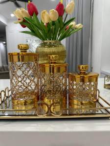 🔥READY STOK🔥Acrylic Round Canister Airtight w/ Diamond Knob Handle (Golden Bricks)Bekas Kedap Udara Kitchen snacks