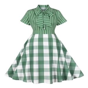 2025 New Hepburn R Bow Neck Striped and Plaid Print Summer Dress Women ons Front 1950s 60s Vintage A-Line Flare Dresses