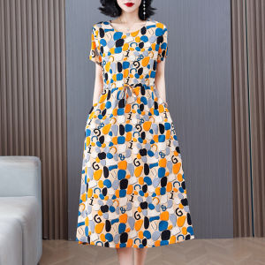 Retro Cotton Silk Dress Midi Length Beach Mom Summer Outfit Polka Dot Floral Print Casual round Neckline Slim Fit Dress
