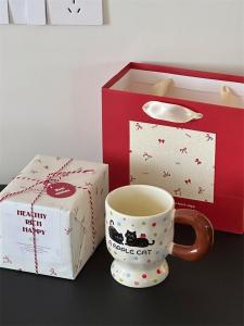 Cute round Black Cat Ceramic Water Cup Handmade Underglaze Color Breakfast Couple Gift Cup Coffee Mug Dining Utensils