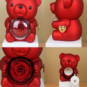 New Rotating Hugging Bear Rose Jewelry Box Eternal Flower Gift Box for Girl Mothers Day Valentines Day Christmas Gift