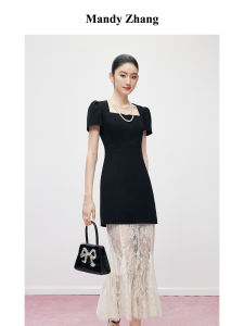French Style Hepburn Acetic Acid Black Lace Fish Tail Dress