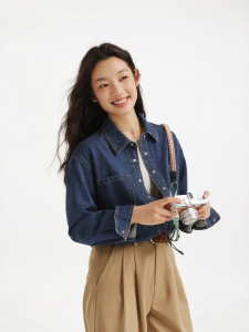 Hotwind | Áo Khoác Áo Sơ Mi Dài Tay Denim Phong Cách Mỹ Retro