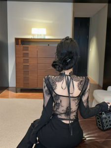 GUZILIAN | Áo sơ mi ren đen cổ chữ V hở lưng gợi cảm mùa xuân kiểu Pháp cổ điển cho nữ Áo lót trong suốt cổ chữ V hở lưng