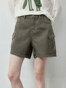 Toyouth | Quần Short Jeans Đai Cao Màu Xanh Lục Lam Với Túi Khổng Lớn