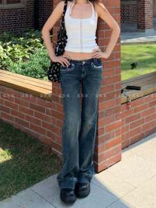 Slimming Blue Vintage Washed Low Waist Bell Bottom Jeans Womens Summer Y2K Millennium Style Fashionable Long Pants