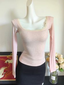 QIAOCHENXIAN | Slim Fit 95% Cotton Long Sleeve Lace T-Shirt Blouse