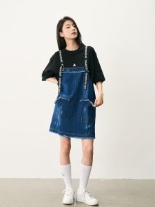 Shahd ล้าง เดนิม สายคล้อง กระโปรง ชายเสื้อดิบ ขาดๆ ยับๆ ลำลอง หลวม ทรงเอ ผ้าฝ้าย กระโปรงสั้น สไตล์การเดินทางสีบริสุทธิ์