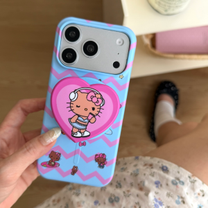 Sanrio | Luxury Ripple Pattern Black Hello Kitty Magnetic Stand Case For iphone 17 16 15 Pro Max Wireless Charge Cute Cartoon Phone Cover