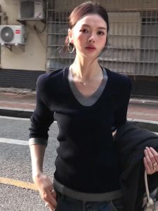 Korean Style V-Neck Knitted Base Shirt Womens Slim Fit Inner Wear Sweater 2025 New Autumn Winter High End Feeling Top