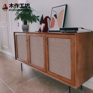 Solid Wood Sideboard Rattan Entrance Cabinet TV Cabinet Scandinavian Living Room Storage Cabinet Minimalist Modern Locker Tea Cabinet